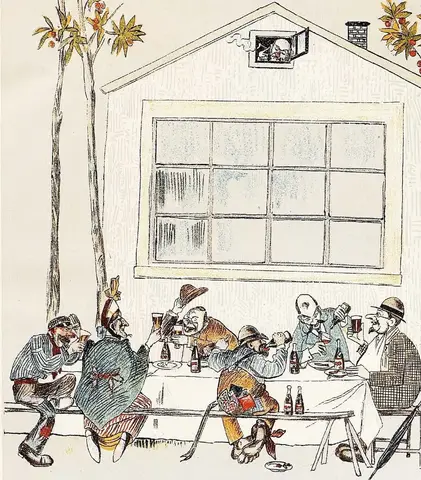 Illustration ur Öl-ländingen Herr Malte Humleknopps Sommarbesök å "Prippska Terassen" (1898), iV (Öl-ländingen Herr Malte Humleknopps Sommarbesök åp