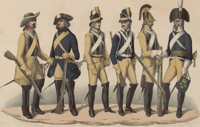 Illustration ur Svenska krigsmaktens fordna och närvarande munderingar. 36 planscher (1849), sida 7