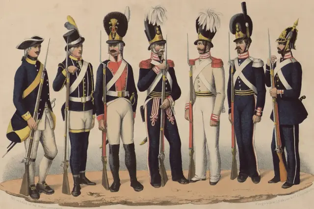 Illustration ur Svenska krigsmaktens fordna och närvarande munderingar. 36 planscher (1849), sida 11