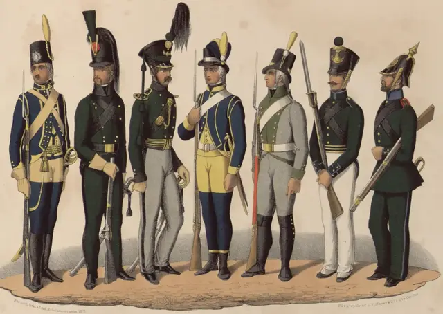 Illustration ur Svenska krigsmaktens fordna och närvarande munderingar. 36 planscher (1849), sida 18