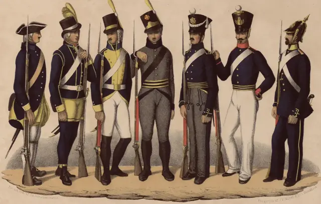 Illustration ur Svenska krigsmaktens fordna och närvarande munderingar. 36 planscher (1849), sida 28