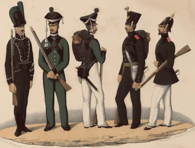 Illustration ur Svenska krigsmaktens fordna och närvarande munderingar. 36 planscher (1849), sida 35