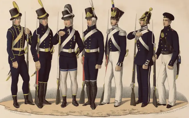 Illustration ur Svenska krigsmaktens fordna och närvarande munderingar. 36 planscher (1849), sida 36