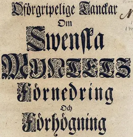 Illustration ur Oförgripelige tanckar om swenska myntetz förnedring och förhögning. (1722), sida 1